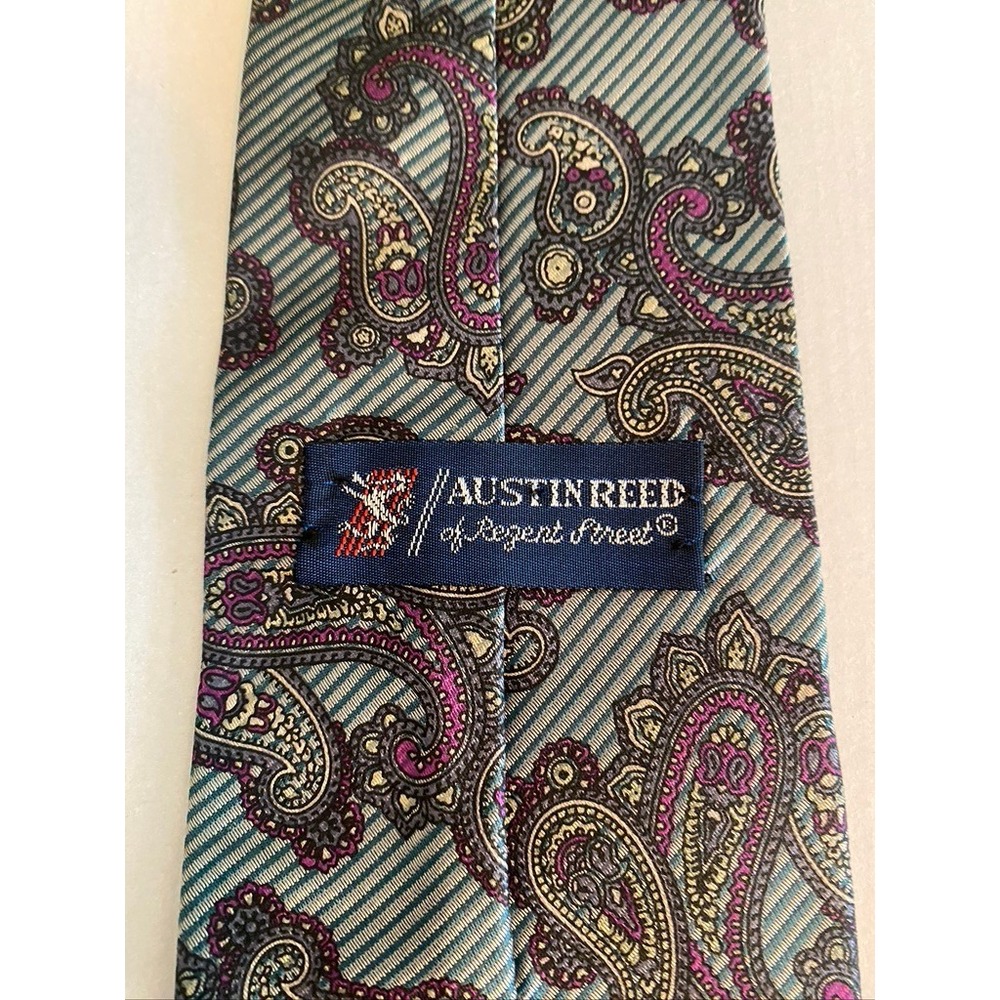 Austin Reed of Regent Street Mens Silk Paisley Striped Tie Teal Purple USA Made